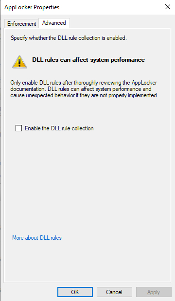 screenshot shows where to find DLL rules on the Advanced tab of the AppLocker Properties dialog box